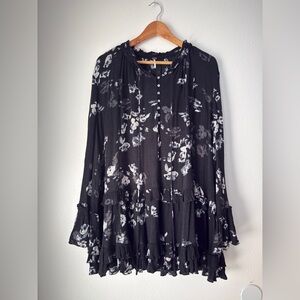 Free People Clover Field Tunic Mini Dress Large  Black Floral Ruffle Tie Boho